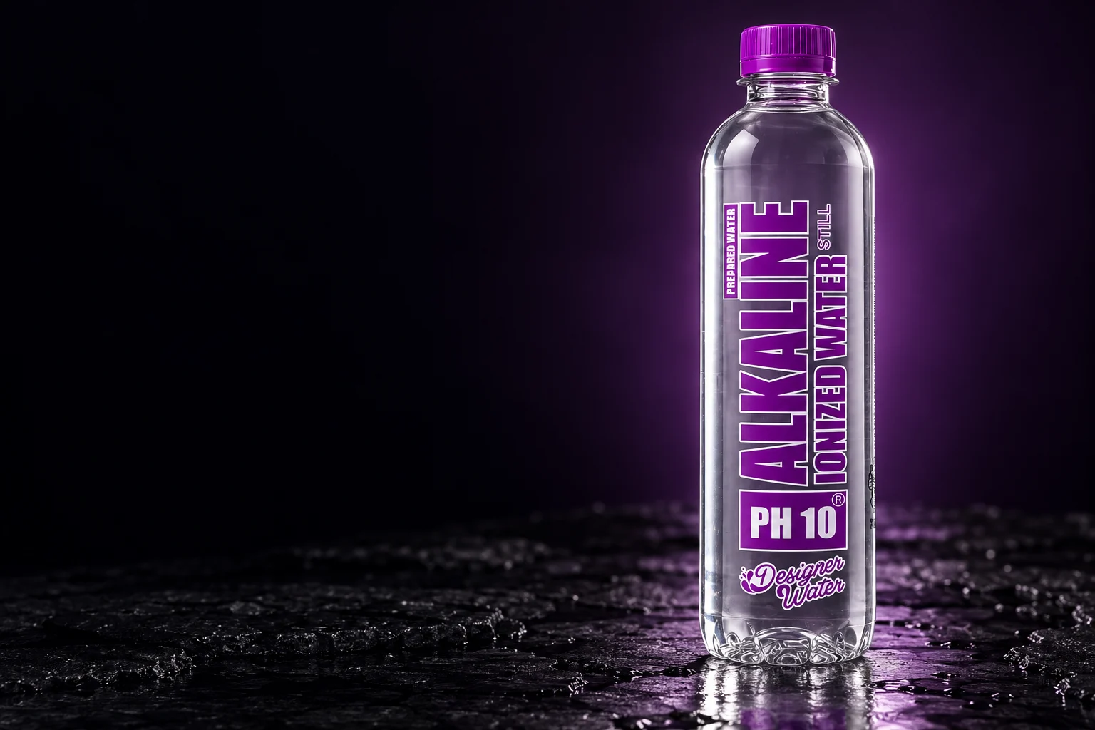 Designer Water pH10, clear bottle and transparent label with the signature purple cap